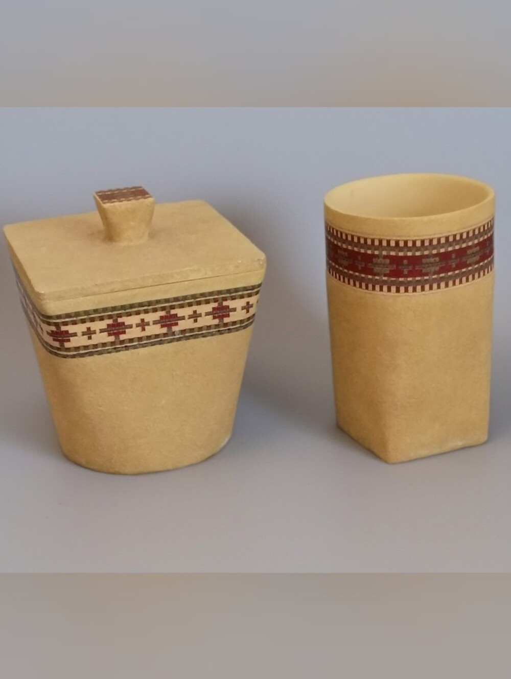 Vintage Croscill Tan Ceramic Jar and Tumbler with Boho Southwest Geometric Trim